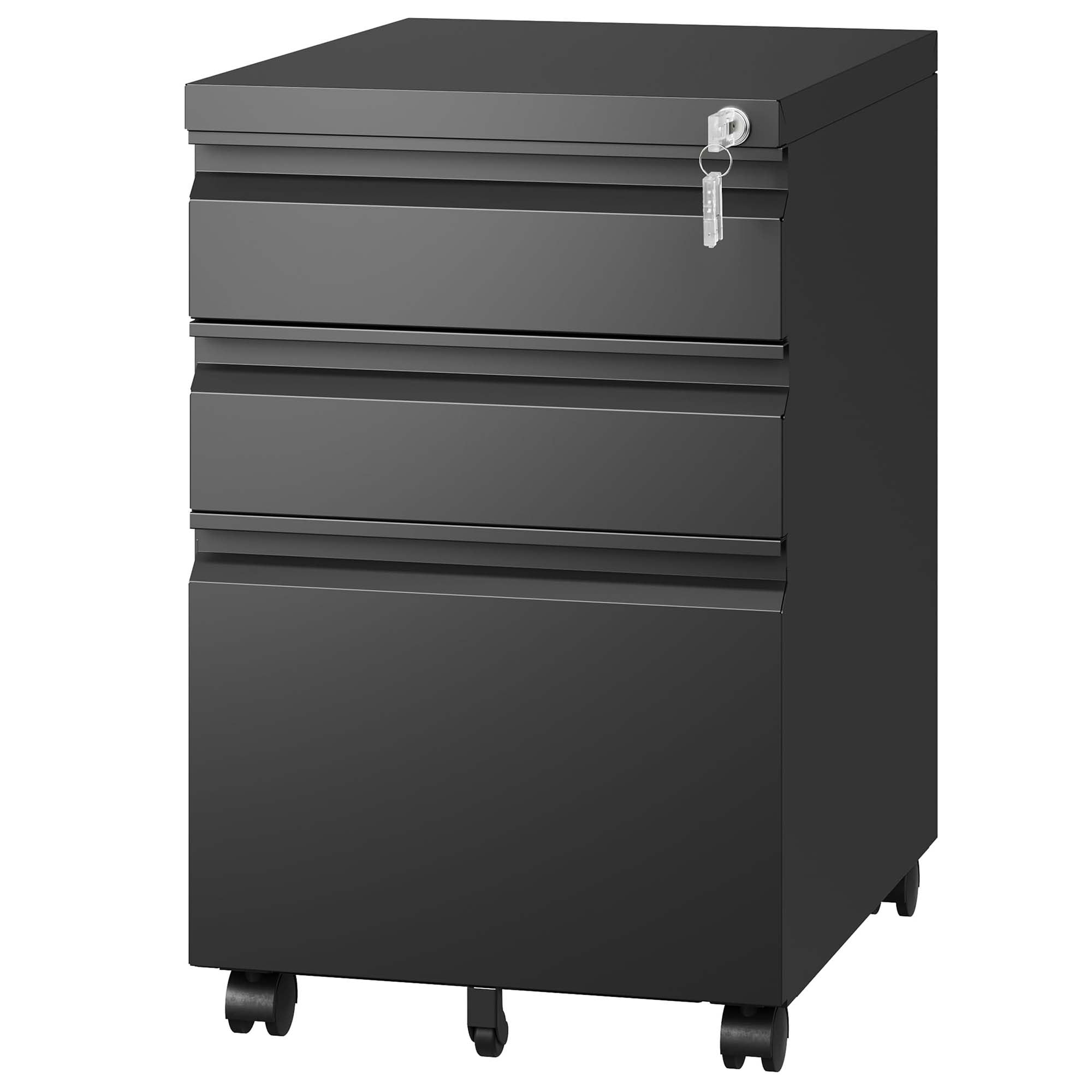 3 Drawer Mobile File Cabinet with Lock, Metal Filing Cabinets for Home Office Organizer Letters/Legal/A4, Fully Assembled Except Wheels, Black