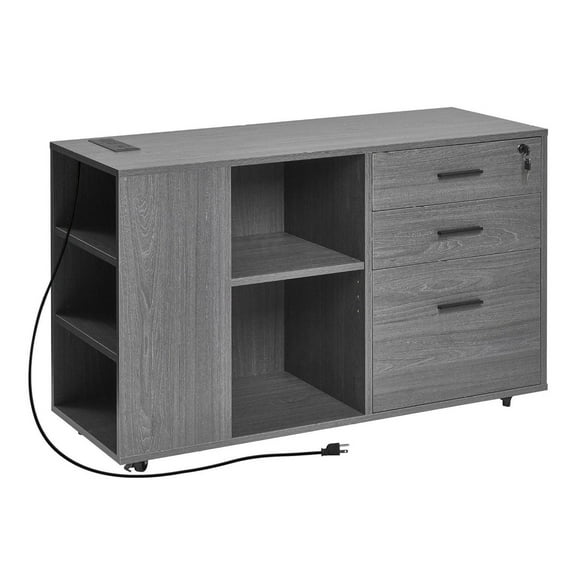 3 Drawer Mobile File Cabinet with Power Strip - Wooden Rolling Office Cabinet - Gray