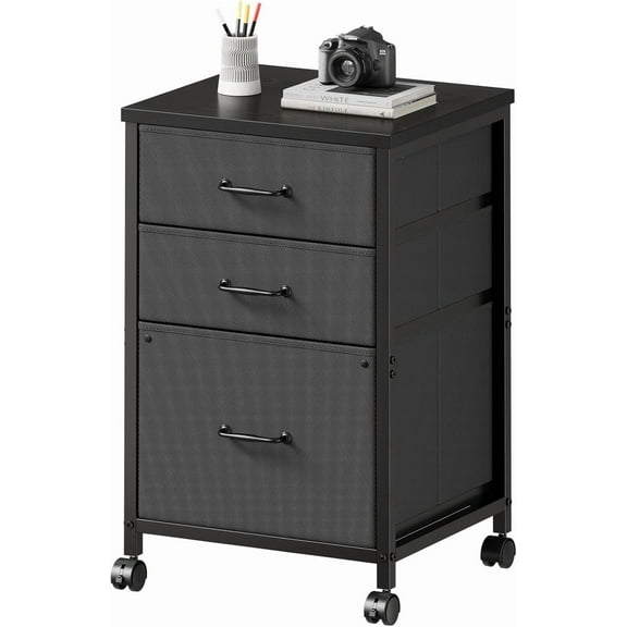 3 Drawer Mobile File Cabinet with Wheels Fabric Vertical Filing Cabinet fits A4 or Letter Size for Home Office,Black