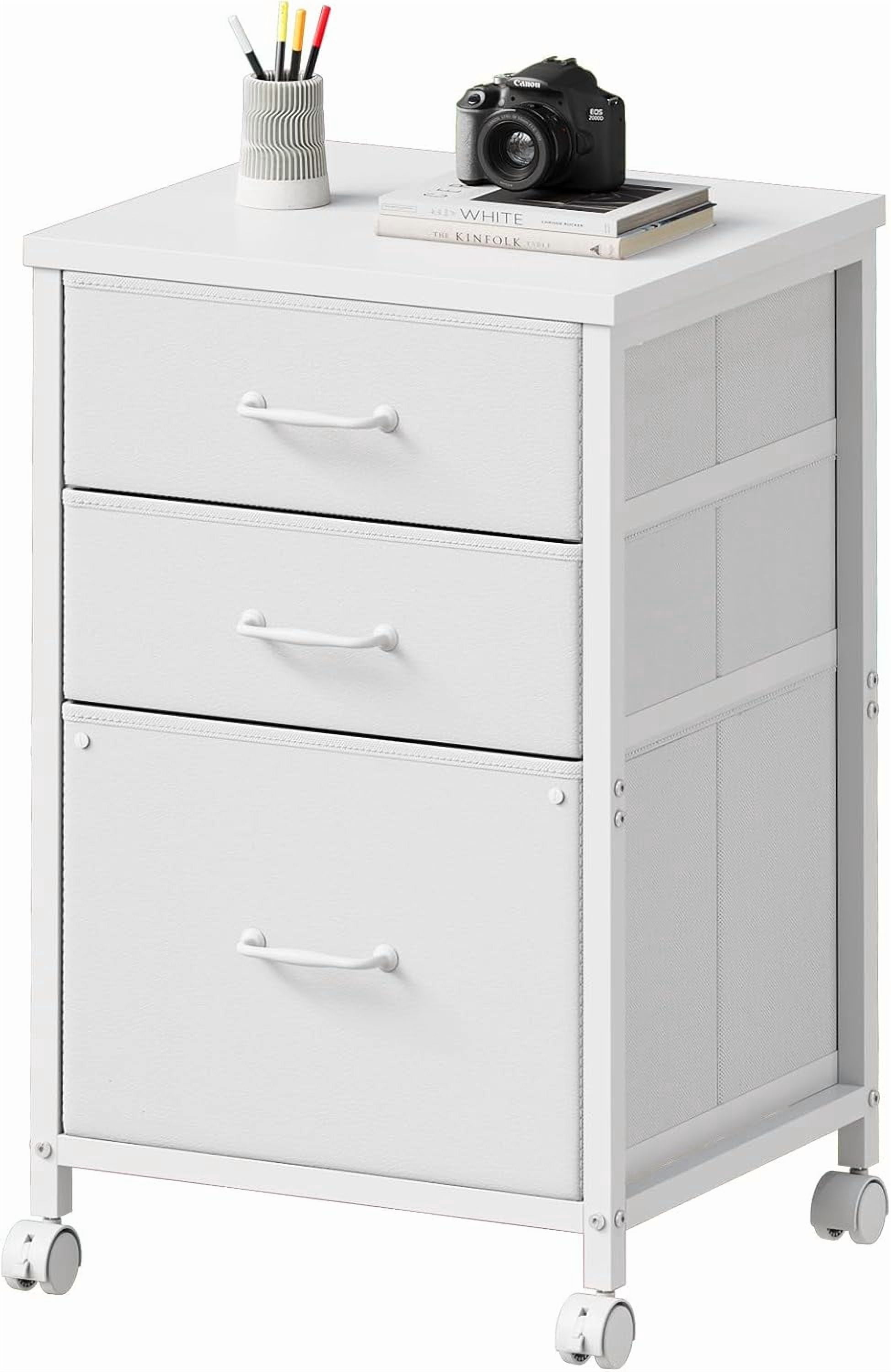 3 Drawer Mobile File Cabinet with Wheels Fabric Vertical Filing Cabinet fits A4 or Letter Size for Home Office,White