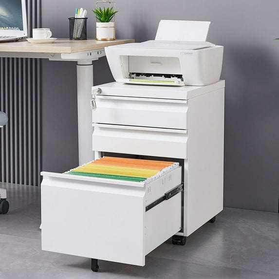 3-Drawer Mobile Filing Cabinet With Lock, Metal Office Storage For Legal And Letter Sized Documents And Files