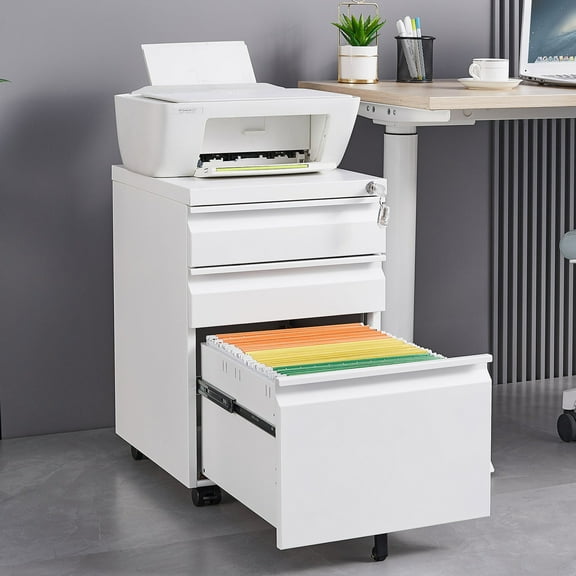 3-Drawer Mobile Filing Cabinet with Lock, Office Storage Filing Cabinet