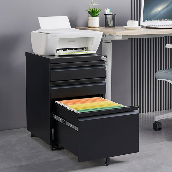 3-Drawer Mobile Filing Cabinet with Lock, Office Storage Filing Cabinet