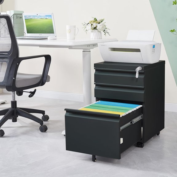 3 Drawer Mobile Locking File Cabinet, Anti-tilt Design Metal Vertical Filing Cabinet, Rolling Desk Filing Cabinet fits Letter/Legal/A4 Size for Home Office,Black