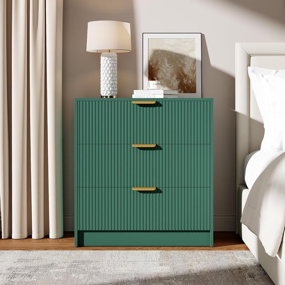 3-Drawer Modern Dresser for Bedroom, 30" Tall Fluted Vertical Nightstand Chest of Drawers with Gold Handles, Multi-Functional Organizer for Home, Entryway & Living Room