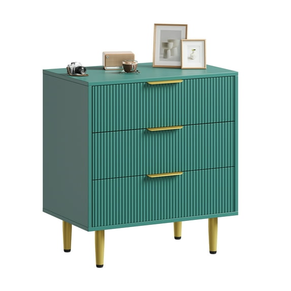 3-Drawer Modern Dresser with Fluted Panels – Teal Green Wood Grain Cabinet with Gold Metal Legs, 30" Tall Storage Chest for Bedroom, Living Room & Entryway