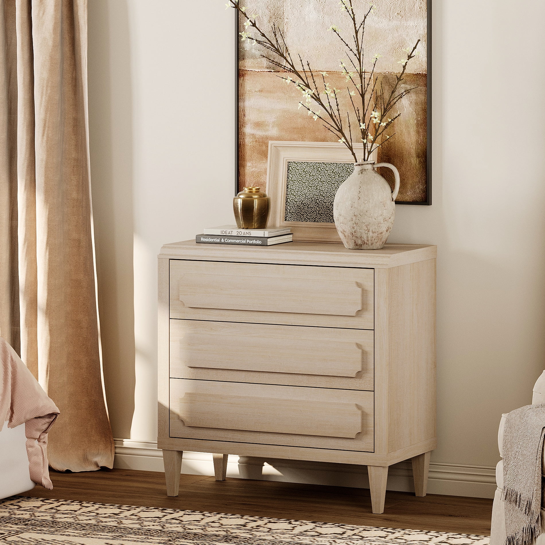 3-Drawer Modern Oak Dresser, Tall Wooden Dresser Storage Cabinet for Bedroom, Nursey, Hallway