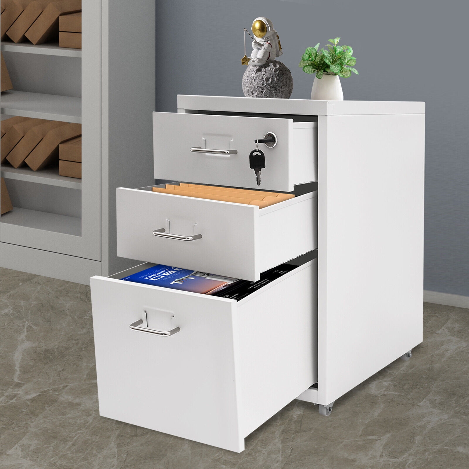 Lockable 3-Drawer Vertical File Cabinet Mobile Rolling for Home Office Cold-Rolled Steel