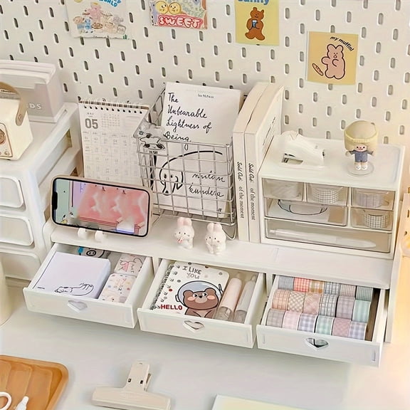 3-Drawer Monitor Stand with Adorable Rabbit Pattern PVC Desktop Organizer for Office Supplies & Keyboard Riser with Storage Shelves. Soft Pastel Color Palette. Ideal Whimsical Workspace Enhancer