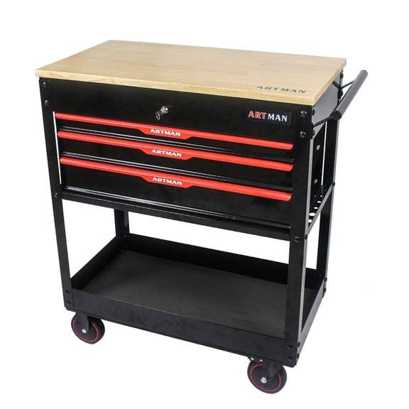 3-Drawer Multifunctional Tool Cart with Wheels & Solid Wood Top | Black+Red Metal Garage Organizer | Heavy-Duty Workshop Trolley with Large Storage Basket & Lockable Cabinet