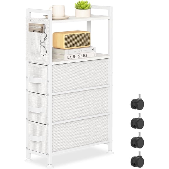 3 Drawer Narrow Dresser Side End Table Small Spaces, Slim Nightstand Bedside Sofa Table with Wheels, Space Saving Skinny Thin Couch Desk with Storage Bag for Bedroom Living Room Bathroom,Black