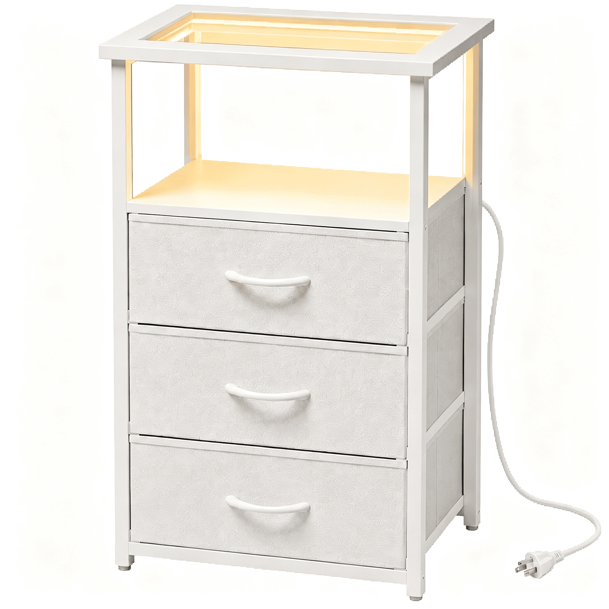 3 Drawer Nightstand with Charging Station, Glass Top Bedside Table with 2 AC Outlets and 2 USB Ports, RGB LED Light, Open Shelf, Fabric Drawers for Bedroom