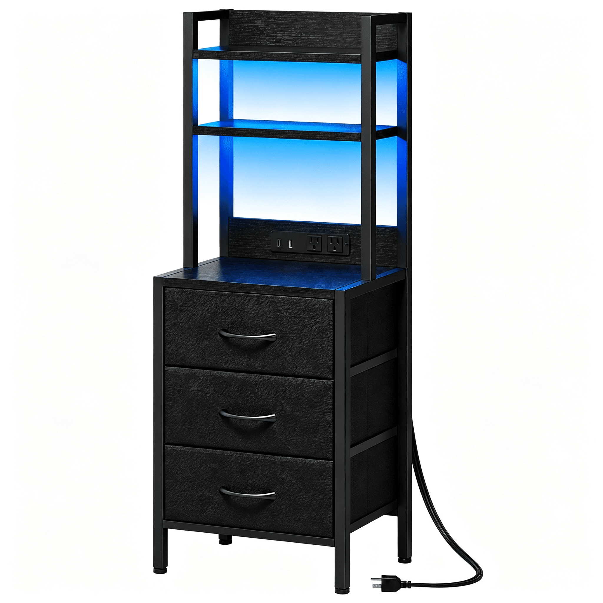 3-Drawer Nightstand with Charging Station and LED Light, Fabric Storage Dresser with 2-Tier Open Shelf, Wood Grain Bedside Table with Power Outlet and USB Ports