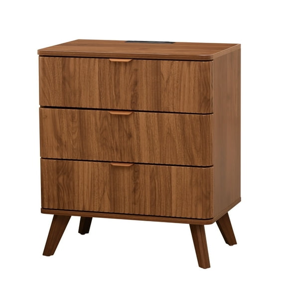 3 Drawer Nightstand with Charging Station, Mid Century Modern Wide Nightstand with Drawers, Fluted Nightstand Dresser for Bedroom Bedside Table, Living Room End Table with Storage - Walnut