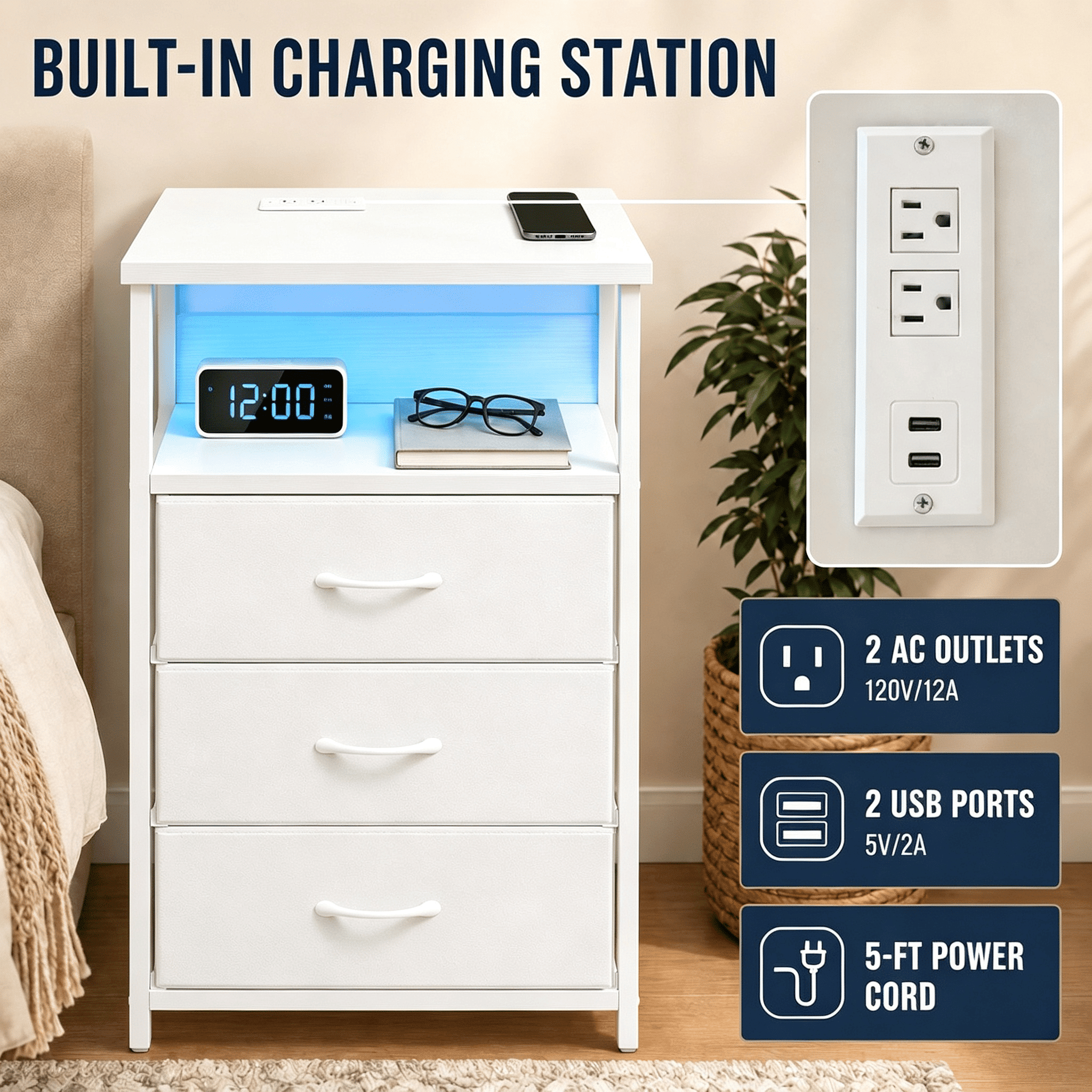 3-Drawer Nightstand with Charging Station, Open Shelf and RGB Light Strip, Fabric Drawer Dresser, Steel and Engineered Wood Frame, Bedroom and Living Room