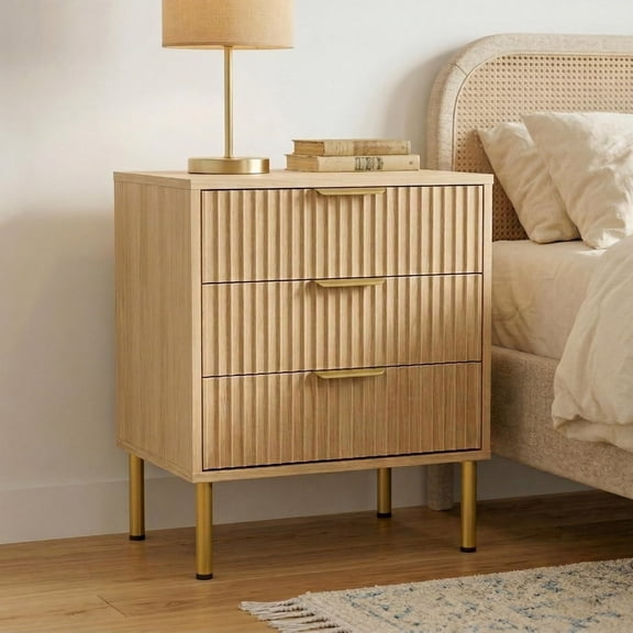 3-Drawer Nightstand with Gold Legs, Fluted Bedside Table with Luxe Gold Handles, Accent Side Table with Metal Base for Bedroom and Living Room (1, Natural Oak)