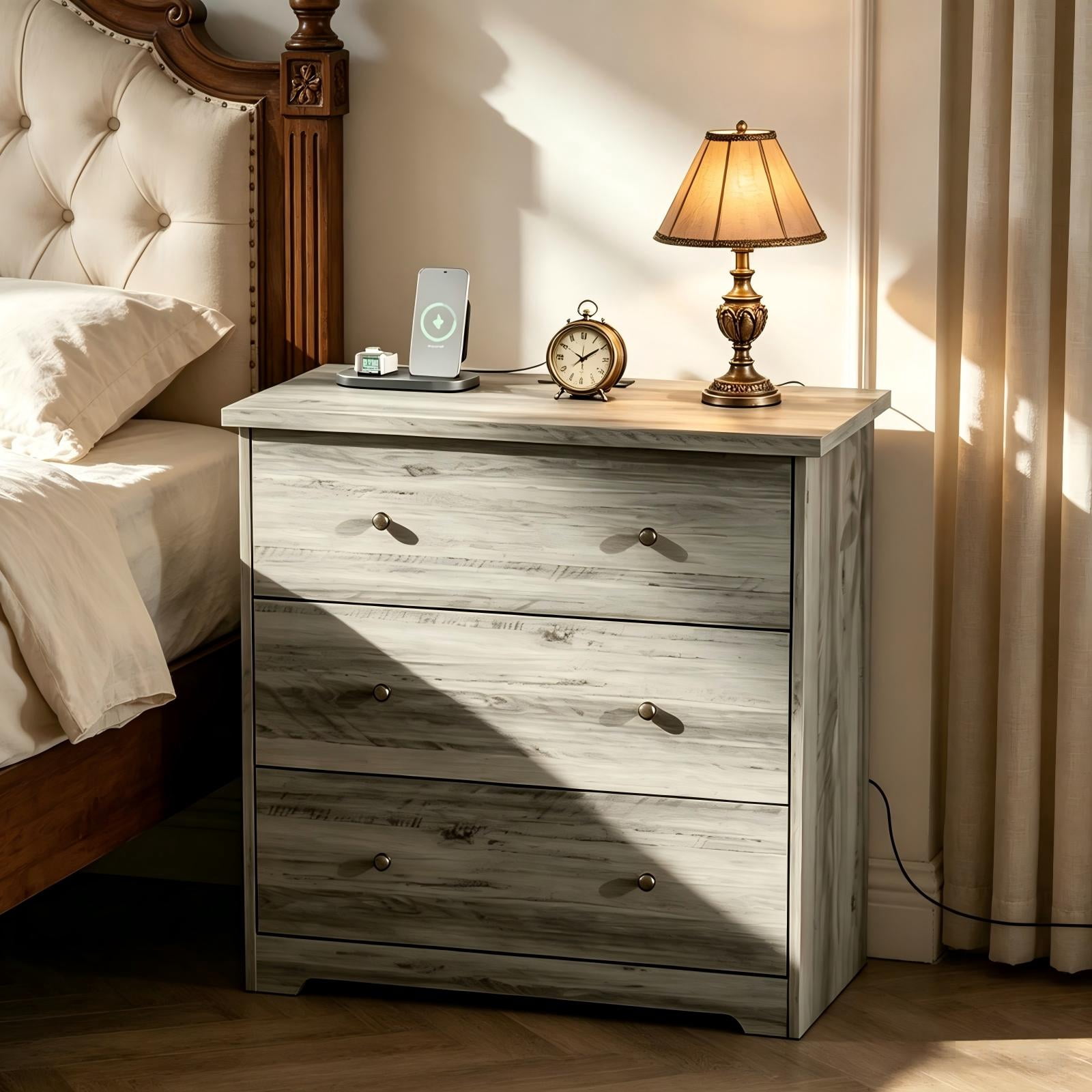 3-Drawer Nightstand, Grey, 31.5 x 15.75 x 30.5 in