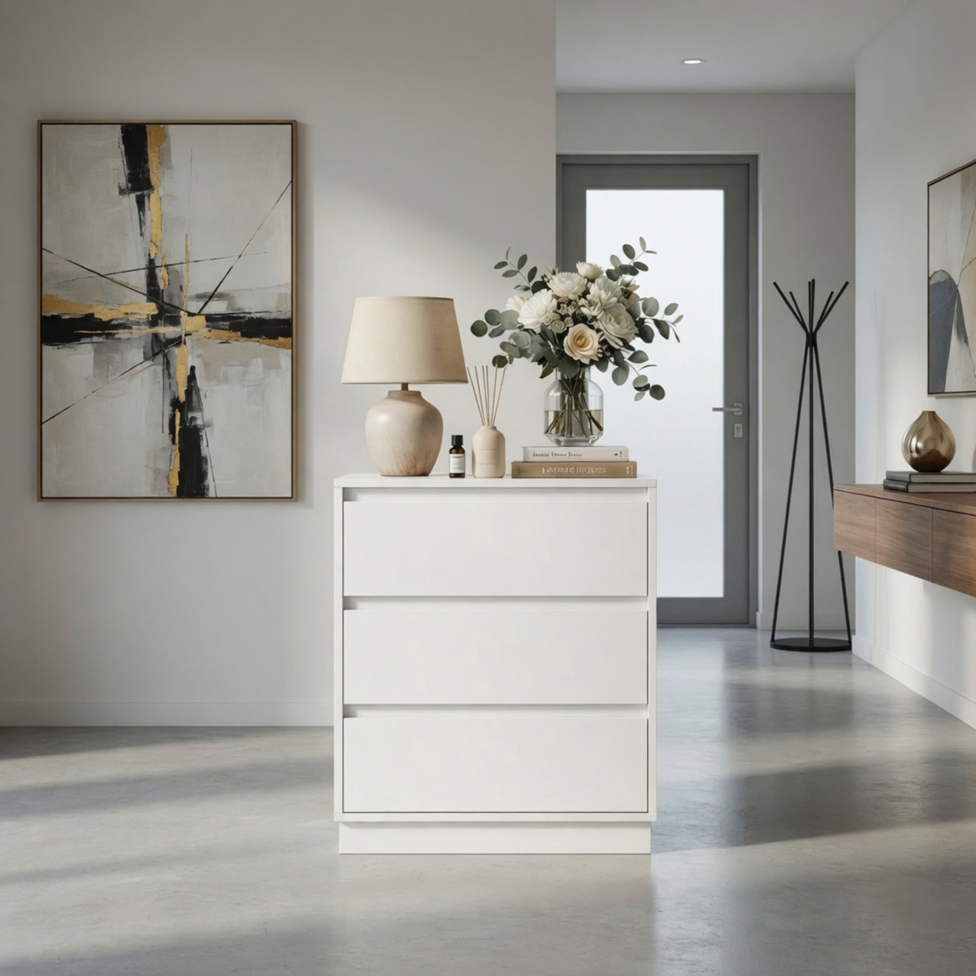 3-Drawer Nightstand, Handle-Free Modern Bedroom Side Table with Soft Close Drawers, P2 MDF Water Resistant Bedside Storage Cabinet