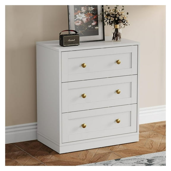 3 Drawer Nightstand, Large Bedside Table with Golden Round Knobs, Modern Wood End Table, Accent Side Table Chest of Drawers for Bedroom, Living Room, Hallway, Closet, White 1