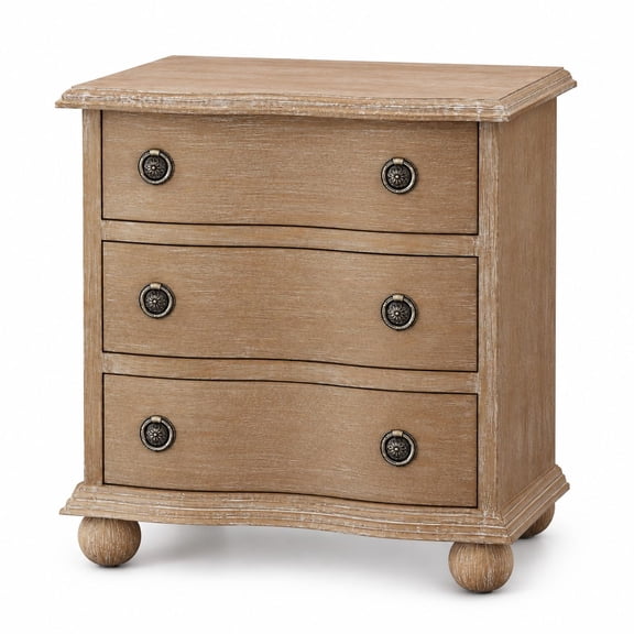 3 Drawer Nightstand, Rustic Farmhouse Design, Nearly Fully Assembled, Brown, Vintage Small Dresser with Curved Front, Solid Pine Base, Distressed Wood Finish for Bedroom, Transitional