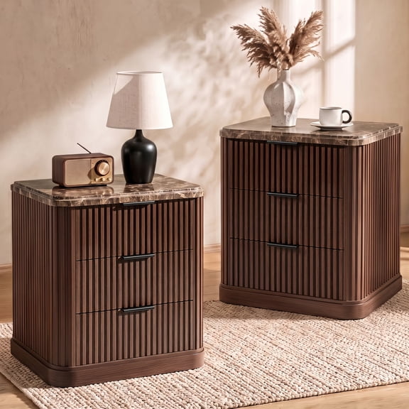 3 Drawer Nightstand Set of 2, Modern Bedside Table End Table for Bedroom, Living Room, Walnut