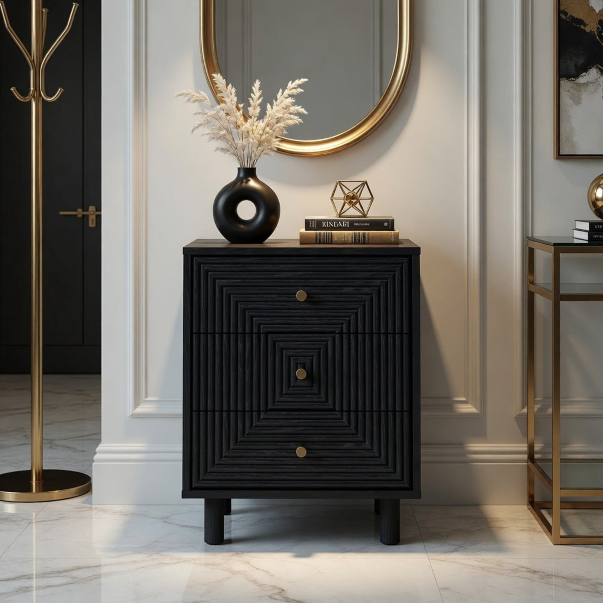 3 Drawer Nightstand with Solid Wood Legs, Geometric Concentric Square Drawer Fronts Gold Knobs, P2 MDF Anti-Tip Compact Chest for Bedroom Living Room Entryway