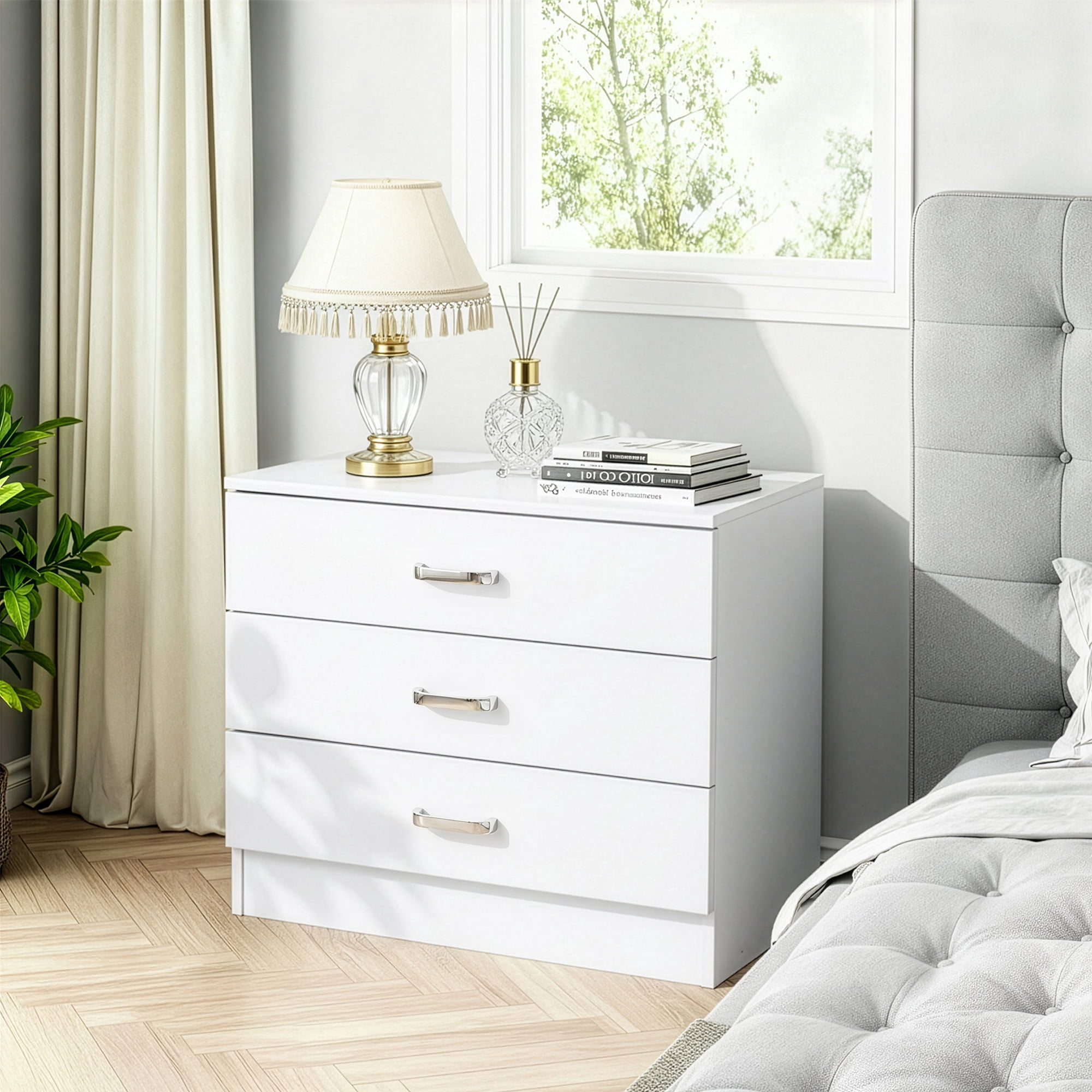 3 Drawer Nightstand Storage Cabinet, Eco P2 Particleboard Bedside Table with Smooth Metal Drawer Slides for Bedroom Living Room Office
