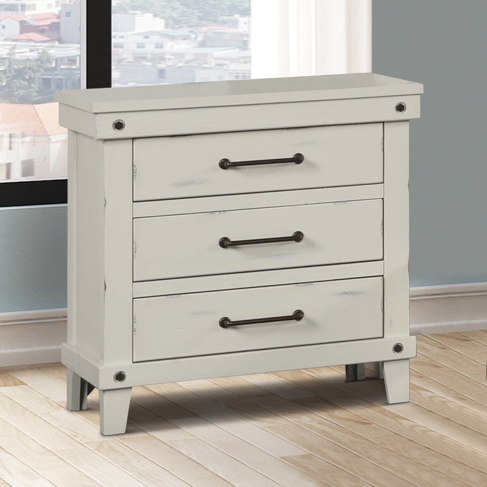 28" 3-Drawer Nightstand - White Solid Wood & Mdf, Distressed Finish, Brass Hardware Five ...