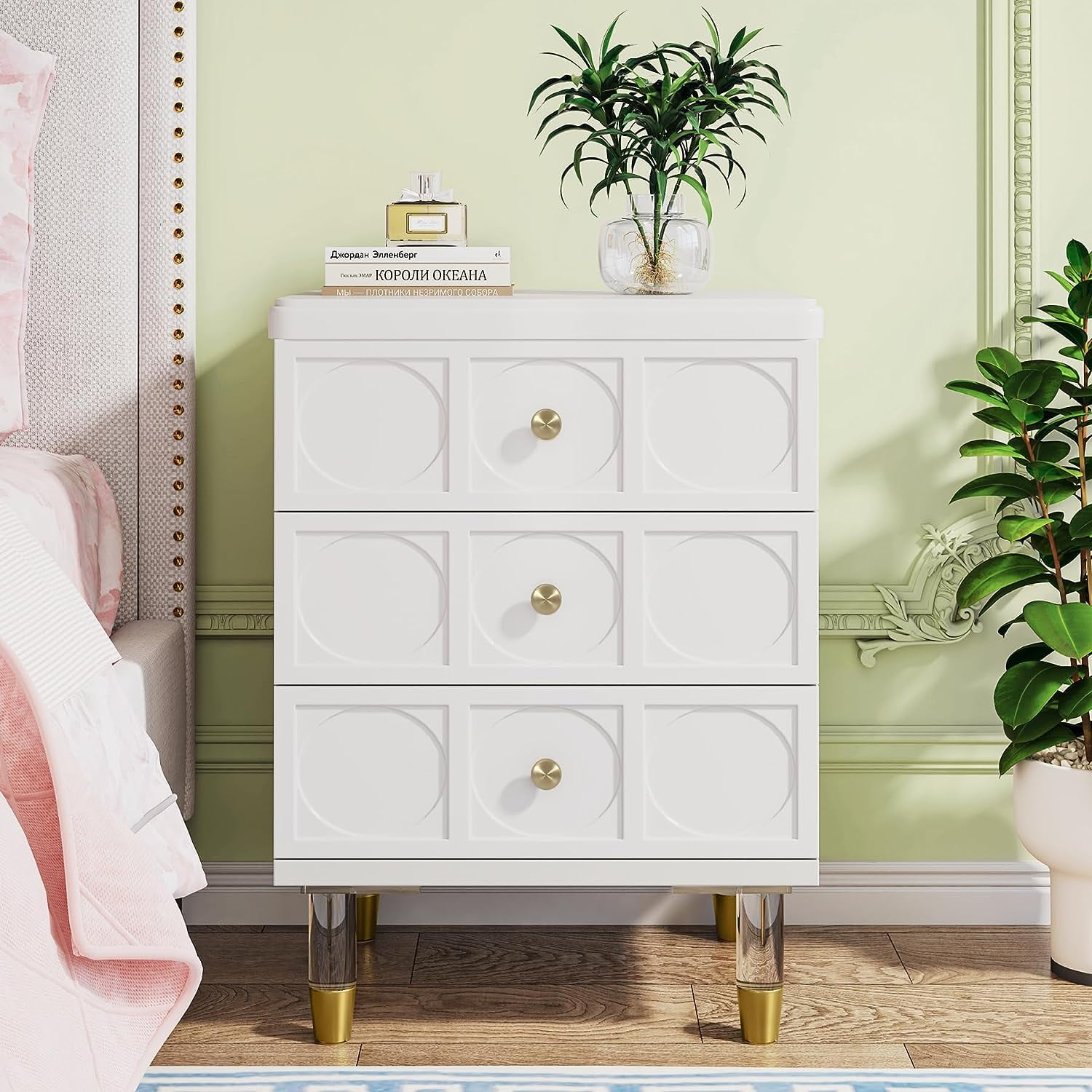 3-Drawer Nightstand White and Gold Bedside Table with Drawers ...