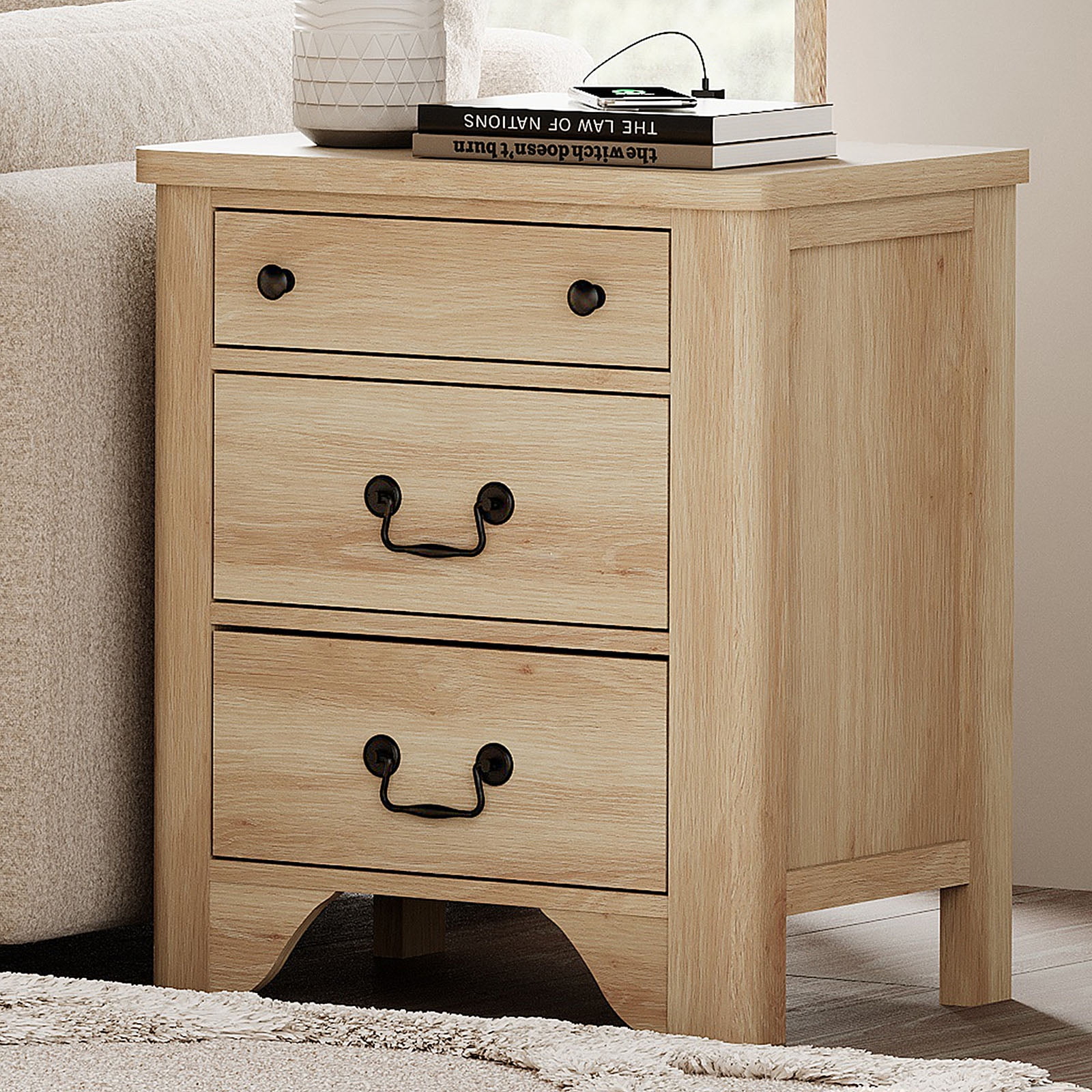 3-Drawer Nightstand With Built-In Charging Station, Wood Nightstand For Bedroom