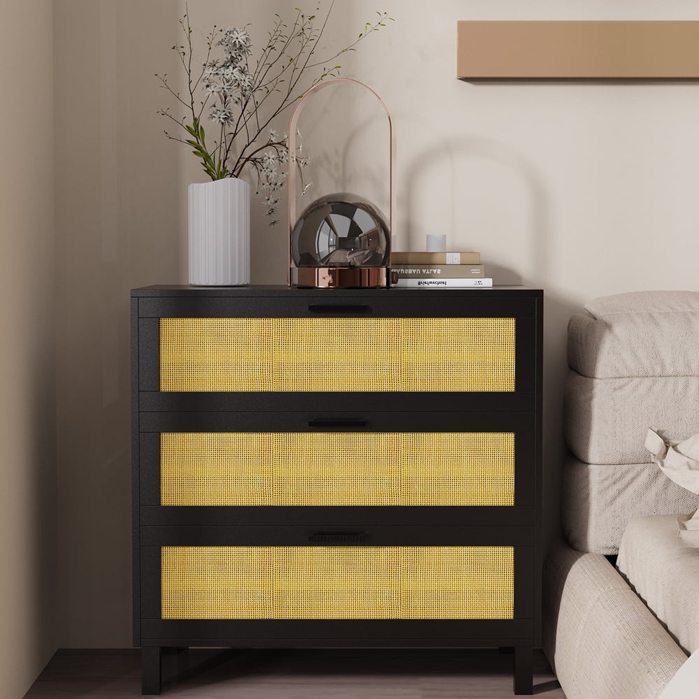Black Vertical 3-Drawer Dresser with Rattan Fronts