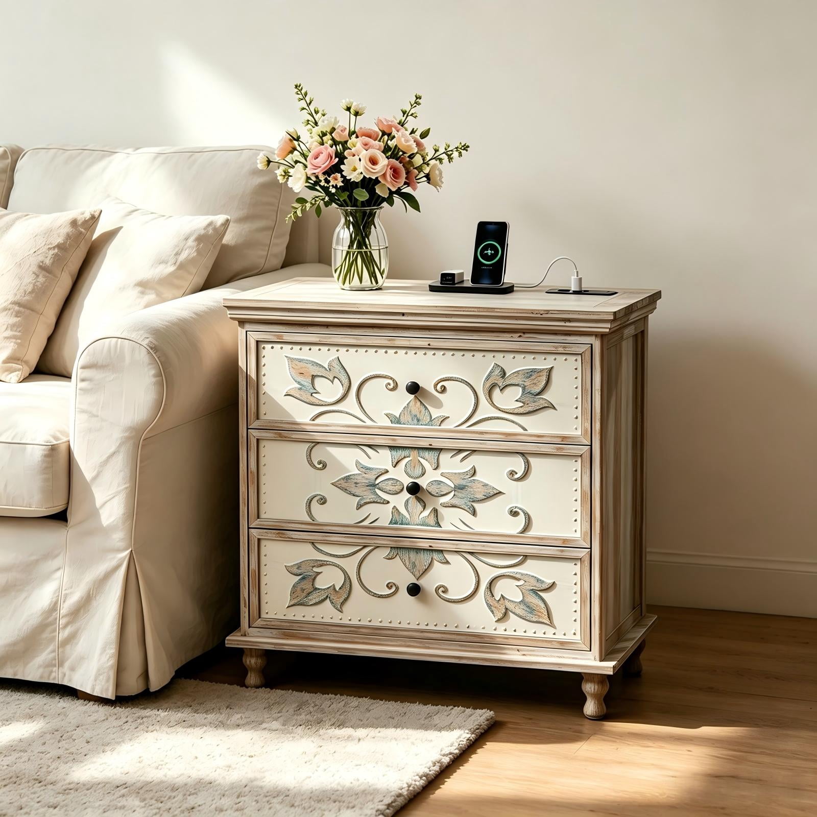 3-Drawer Nightstand with Carved Fronts, White and Wood, 31.5 x 15.75 x 32.24 in