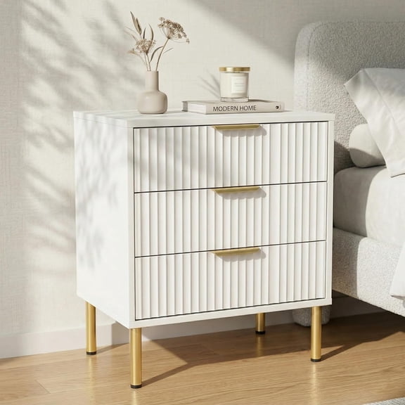 3-Drawer Nightstand with Gold Legs, Fluted Bedside Table with Luxe Gold Handles, Accent Side Table with Metal Base for Bedroom and Living Room, White