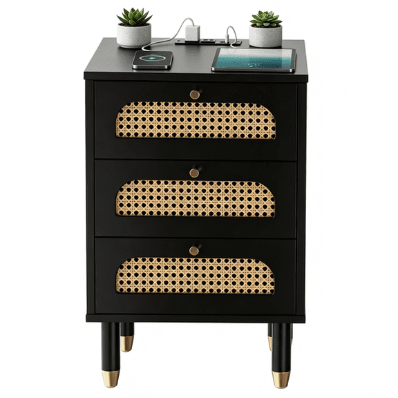 3 Drawer Nightstand with Woven Rattan Drawer Fronts & Built-In Power Outlet, Modern Bedside End Table 15.7513.7823.82 Inch, Black Finish