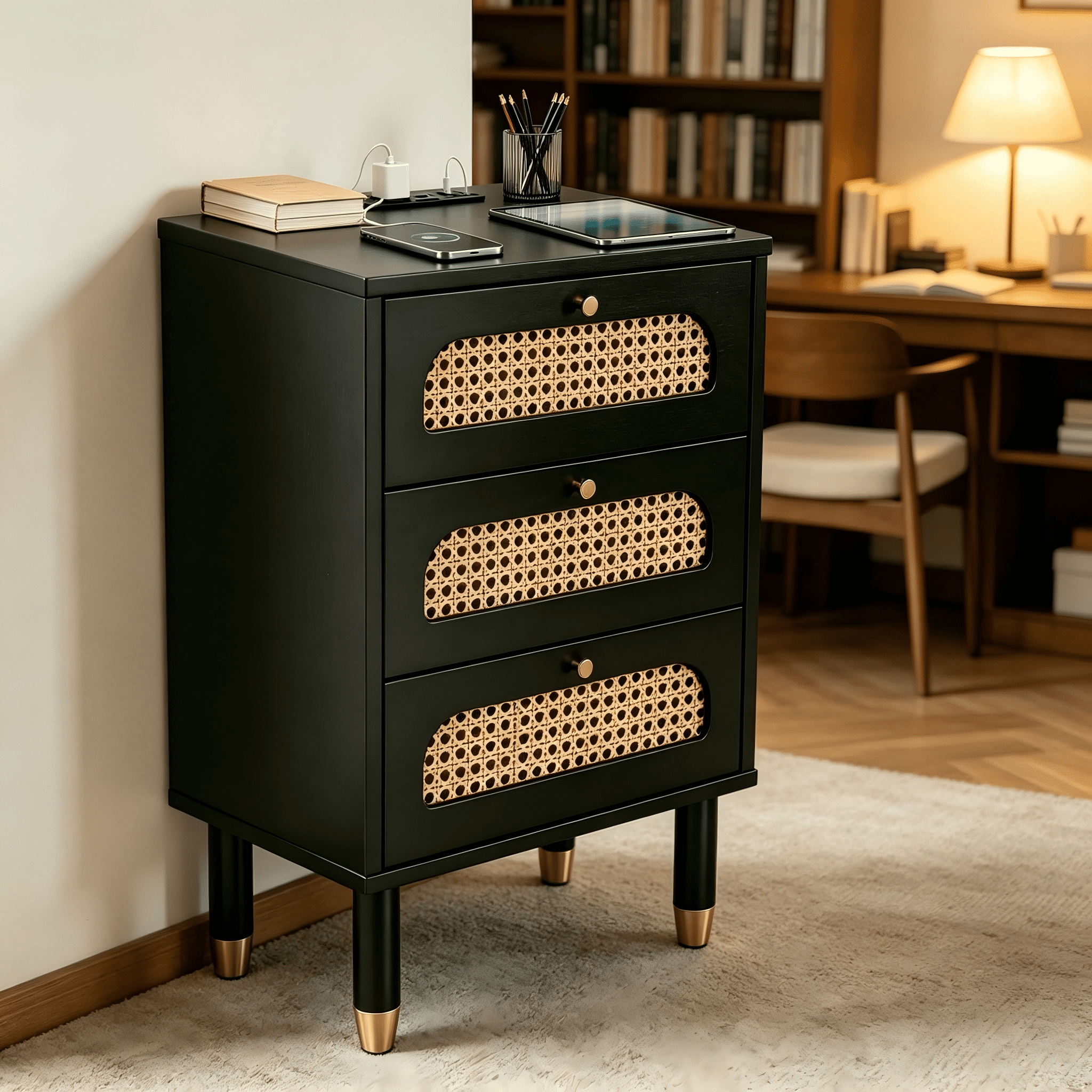 3-Drawer Nightstand with Woven Rattan Fronts and Built-in Power Outlet Black, 15.75"*13.78"*23.82"