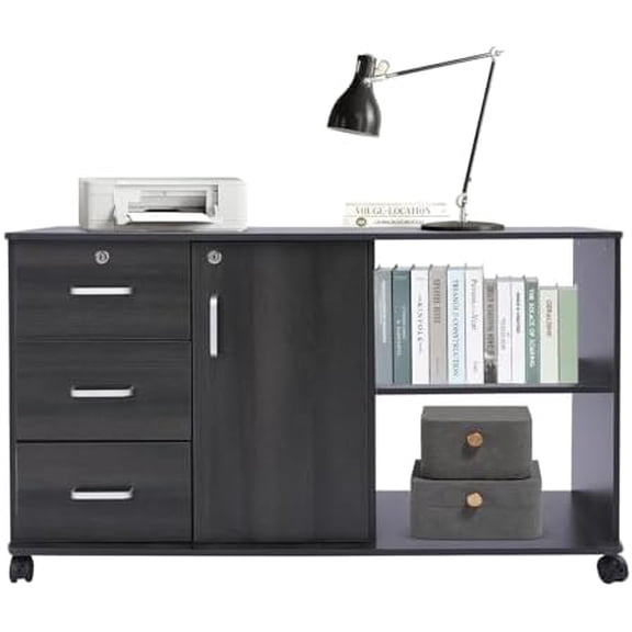 3-Drawer Office File Cabinets with Shelves, MDF Mobile Lateral Filing Cabinet, Rolling Printer Stand with Open Storage Shelves Locking File Cabinets for Home Office,Black Walnut$$Furniture