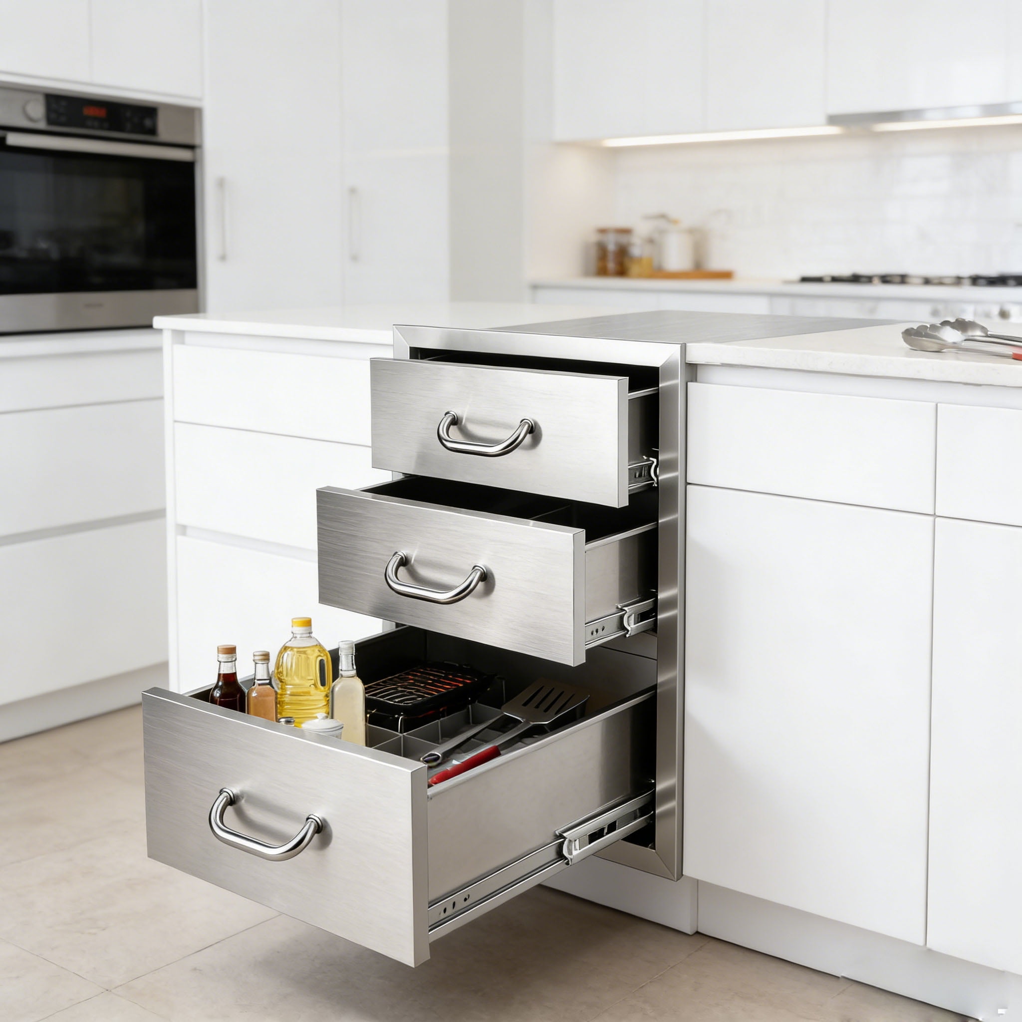 3-Drawer Outdoor Kitchen Drawers, 18''W x 23''H x 23''D Flush Mount Triple Drawer, Stainless Steel Triple Access BBQ Drawers with 5'' Chrome Handle for Outdoor Grill Station