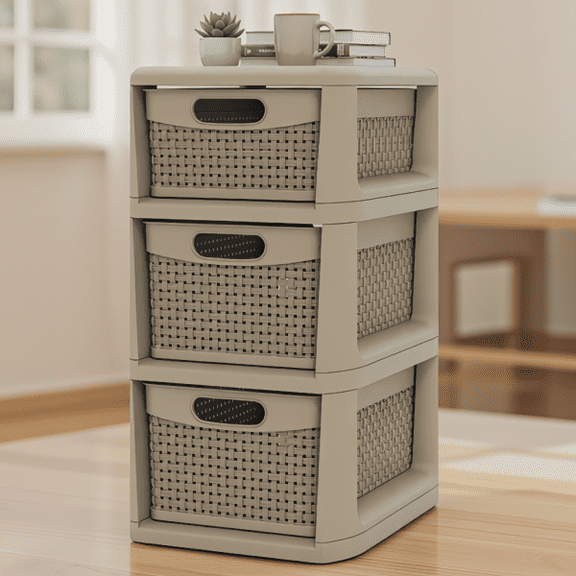 3-Drawer PP Storage Organizer with Wicker-Style Design, Narrow Cabinet for Home and Office, Brown
