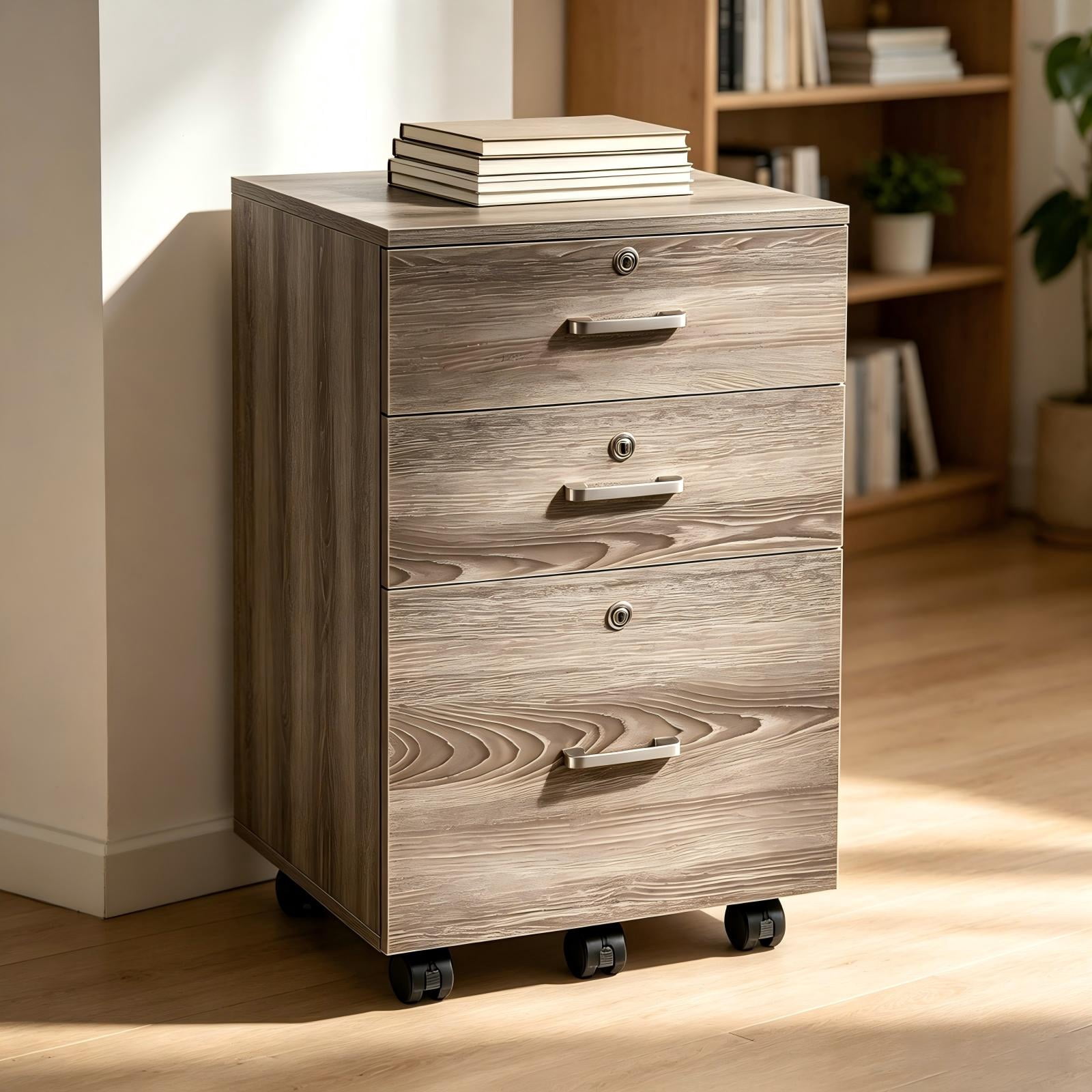 3-Drawer Particleboard Filing Cabinet, 15.7 x 15.7 x 26 in, Grey Oak