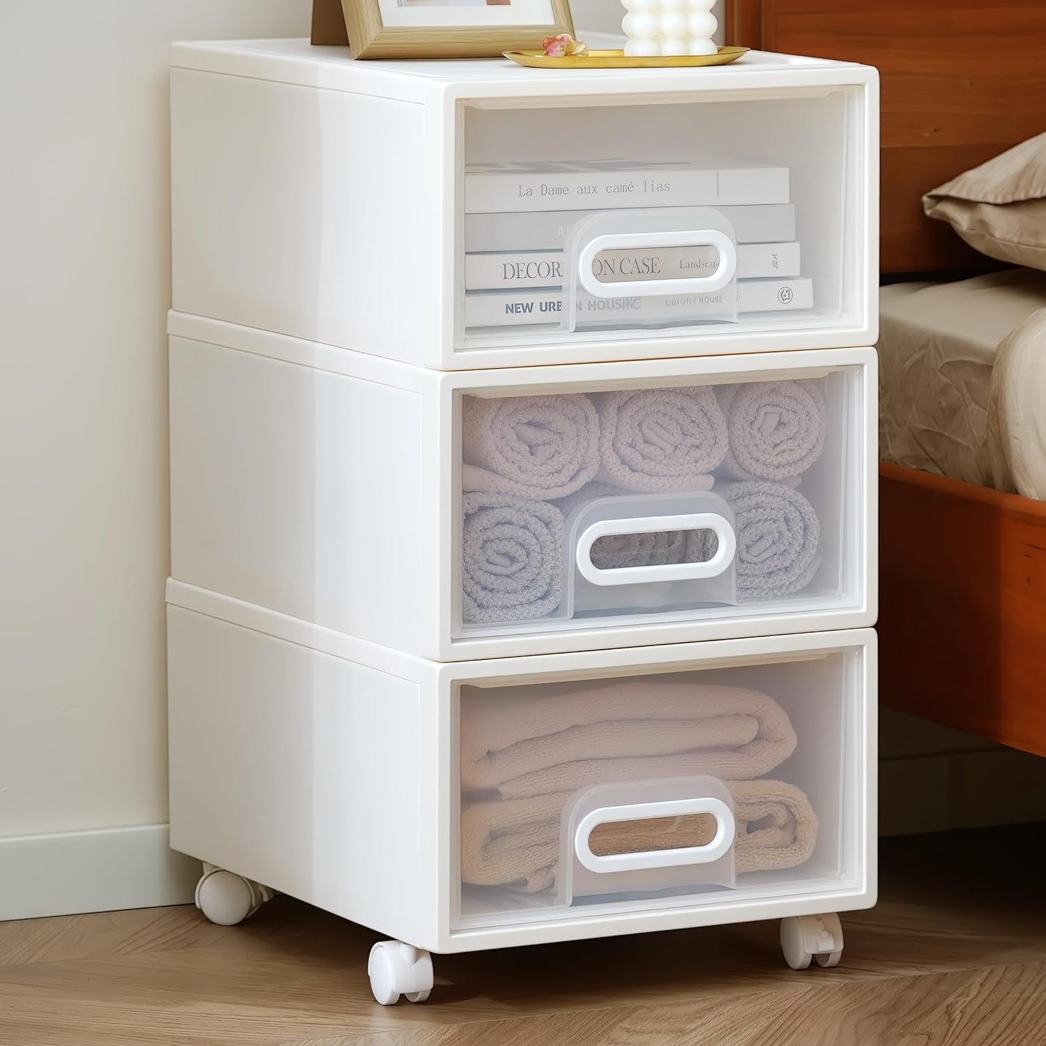3 Drawer Plastic Drawers Stackable Drawers Clear Cart with Wheels for