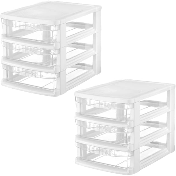 3 Drawer Plastic Storage, Mini Drawer Unit, White Frame With Clear Drawers for Craft Storage - 10"L X 7.5"W X 8"H Inches - (2 Pack)