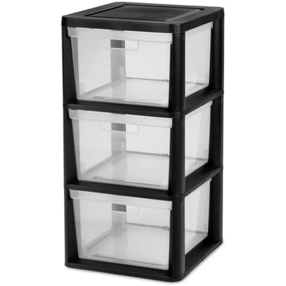 3-Drawer Plastic Storage Organizer Tower, Black Frame with Clear Removable Bins, Tool-Free Assembly, 25.25" H - Stationary Multi-Purpose Drawer Storage