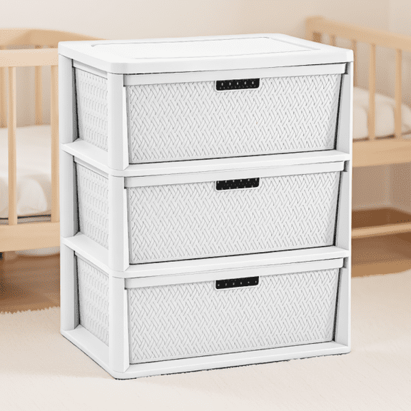 3-Drawer Plastic Storage Tower with Removable Weave Drawers, Tool-Free Assembly, White