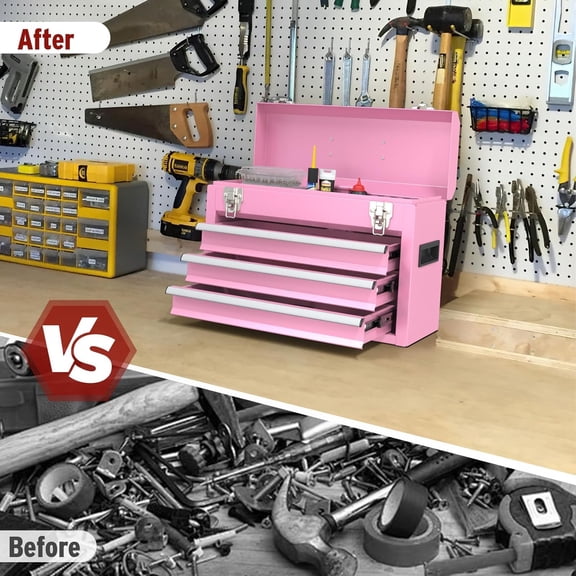 3-Drawer Portable Steel Tool Box with Locking System and Liner for Tools Storage - Pink