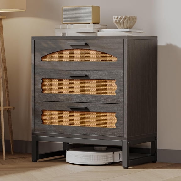 3 Drawer Rattan Dresser for Bedroom, Dresser for Closet with Metal Handles, Small Boho Nightstand Sets, Dressers & Chests of Drawers for Bedroom, Hallway and Entryway, Black