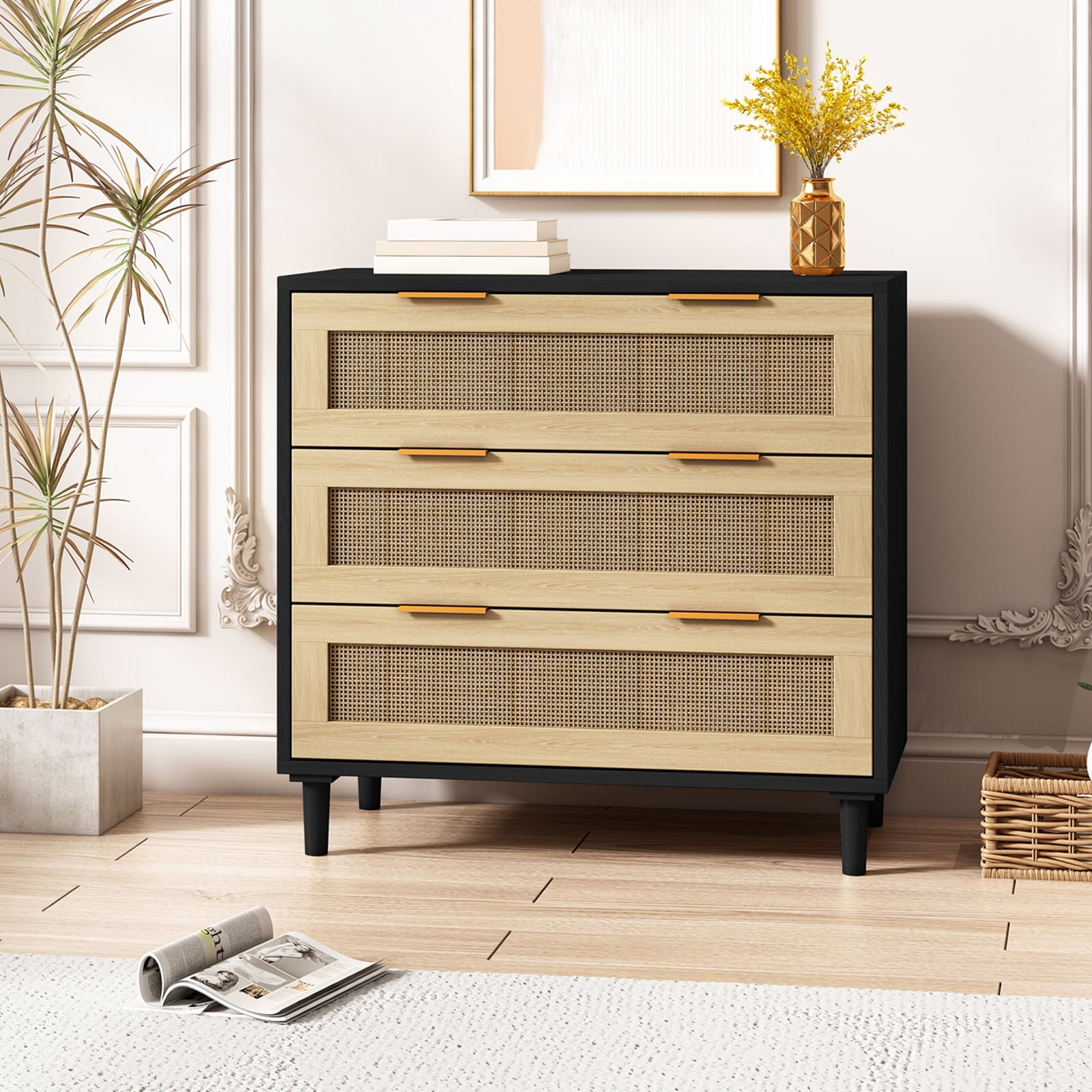 3 Drawer Rattan Dresser for Bedroom,Wood Storage Chest of Drawers — free download