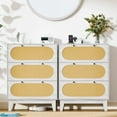 thumbnail image 1 of 3-Drawer Rattan Dresser Set of 2, 63" Wide Wooden Chest with 3-in-1 Charging Station, TV Stand & Storage Organizer for Bedroom, Living Room, Hallway (Gery), 1 of 7