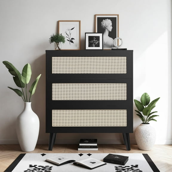 3 Drawer Rattan Dressing Table, Nightstand Table Dressing Drawer Chest with Metal Handles, Farmhouse Rattan Dressing Storage Table for Closet Storage of Clothes, Cosmetics, Black