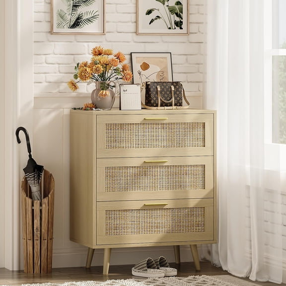 3-Drawer Rattan Front Dresser In Yellow Oak Finish With Mid-Century Legs