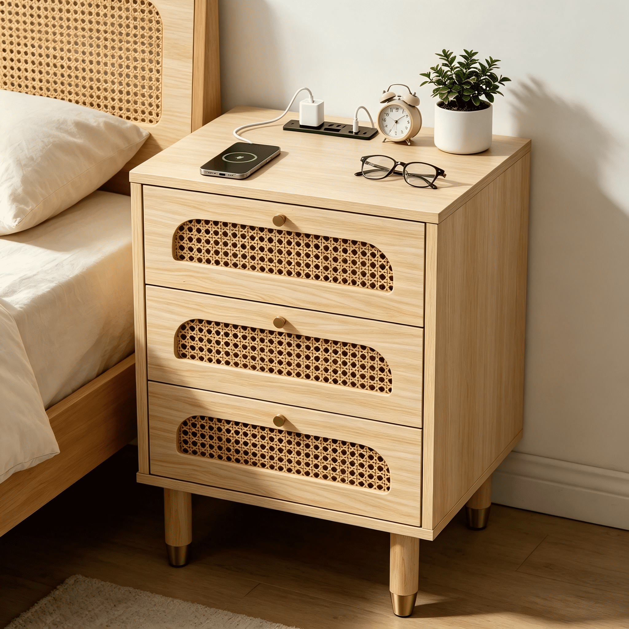 3-Drawer Rattan Nightstand, Bedside Table with Outlet & Dual USB Ports, Solid Wood Legs, Compact Storage Cabinet for Bedroom Living Room Office